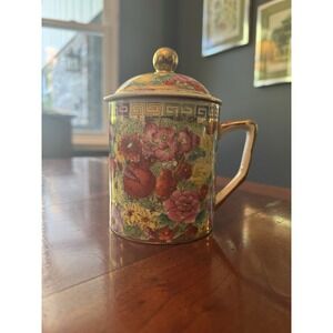 Chinese Jingdezhen Gold Flower Tea/Coffee Mug With Handle and Top